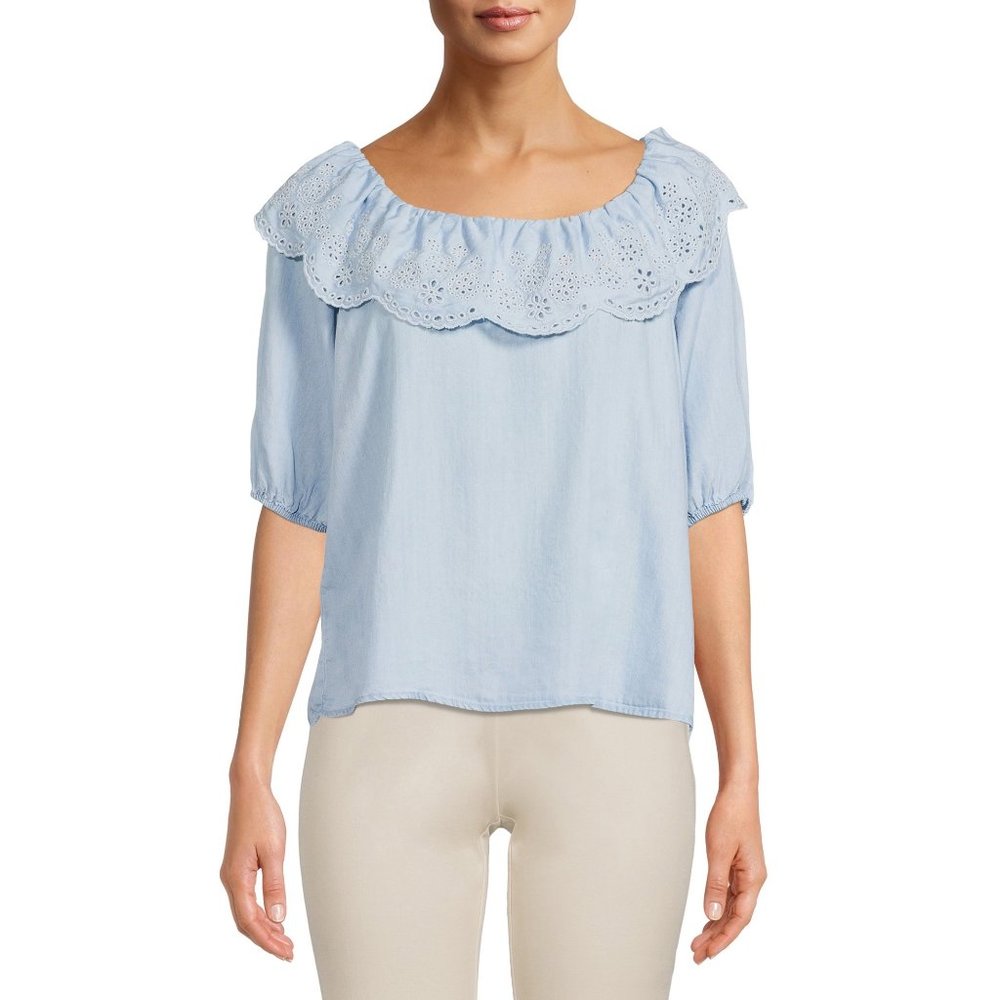 Women's Time And Tru Light Chambray Embroidered Ruffle Top Size XL 16/18 NWT